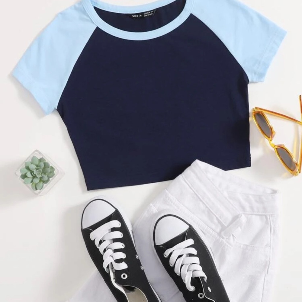 SHEIN Navy and Light Blue Raglan Tee